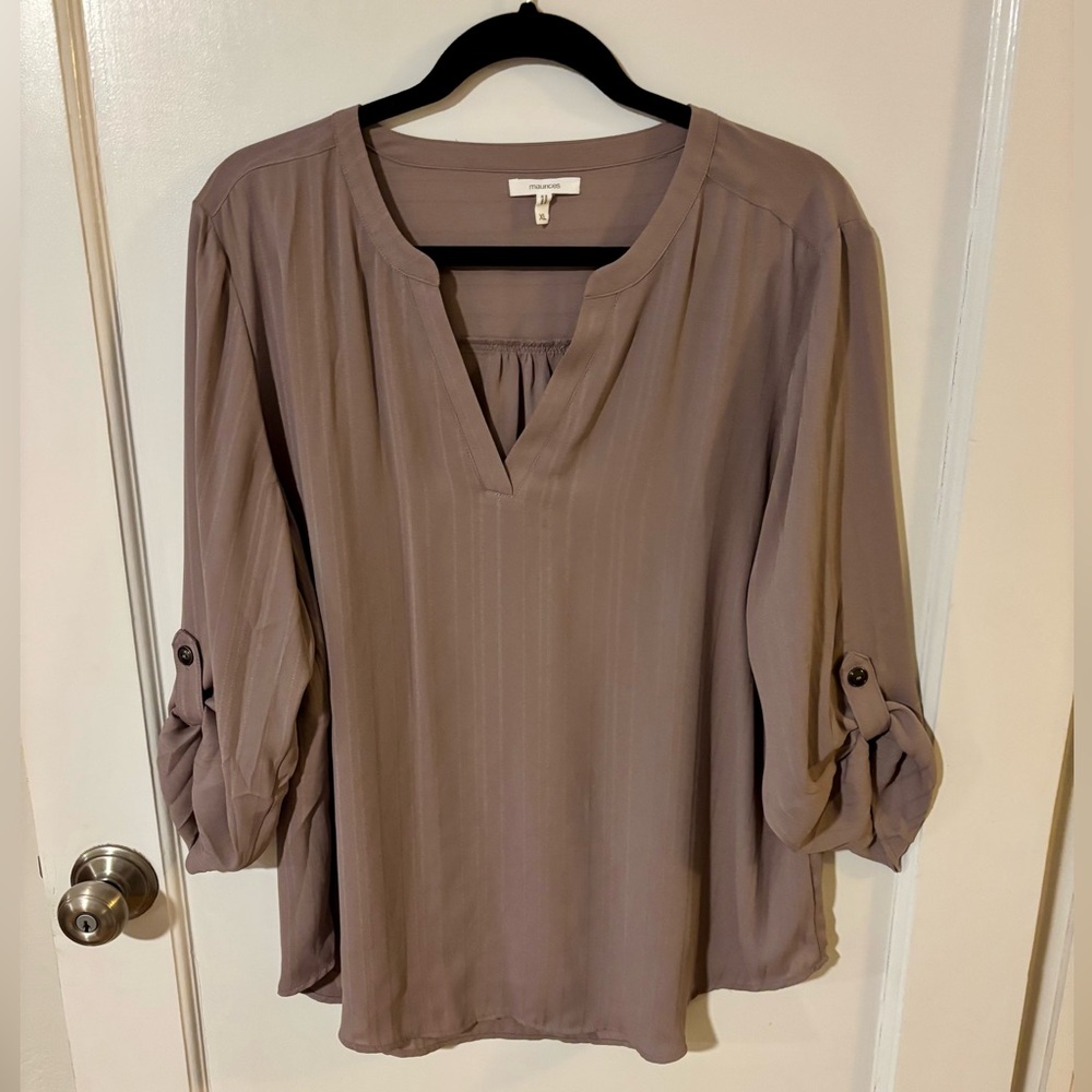 Maurices Taupe V-Neck Blouse with Rolled Sleeves